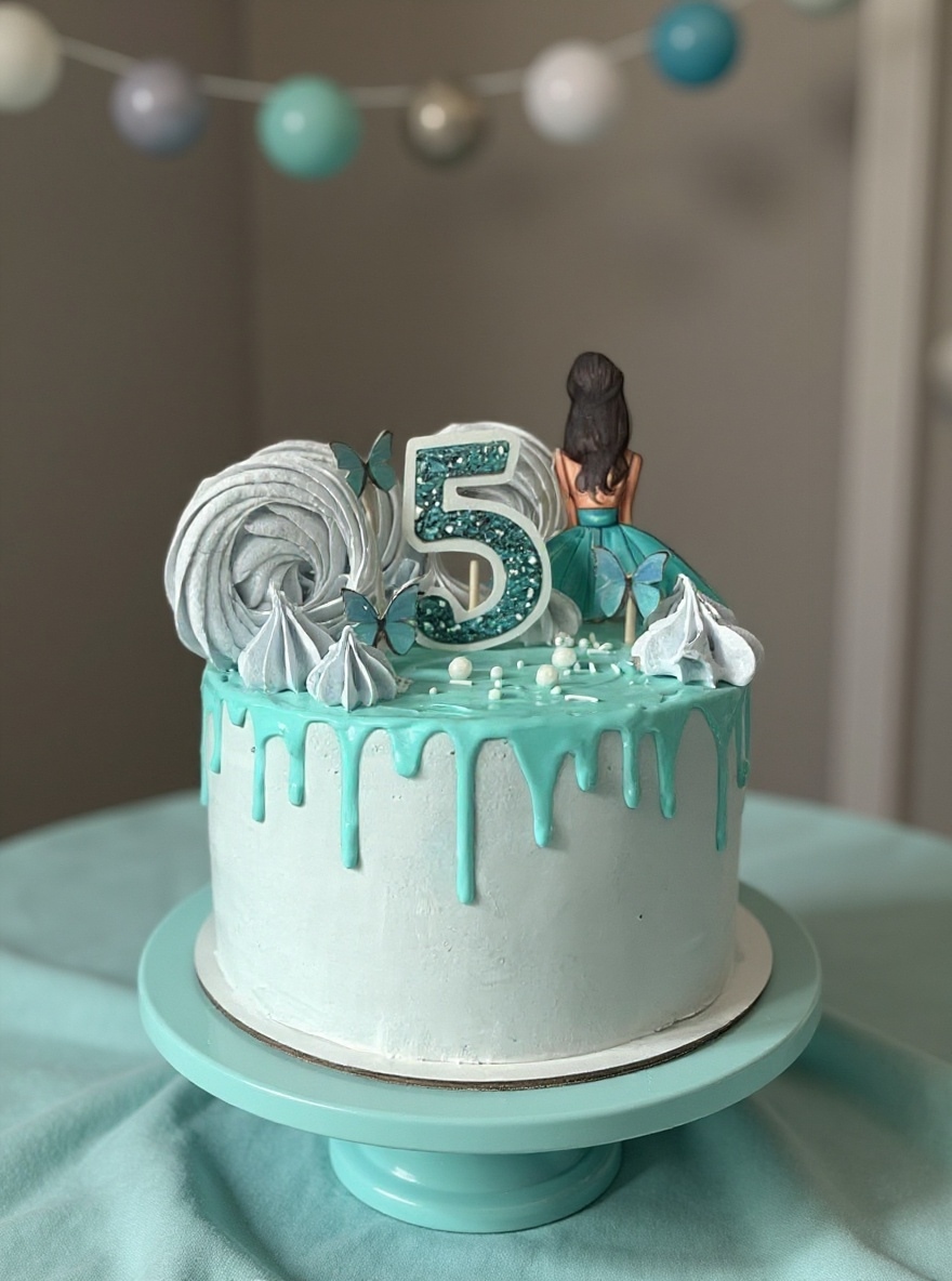 Детский торт в бирюзовых тонах с цифрой 5, бабочками и фигуркой — VIKICAKES