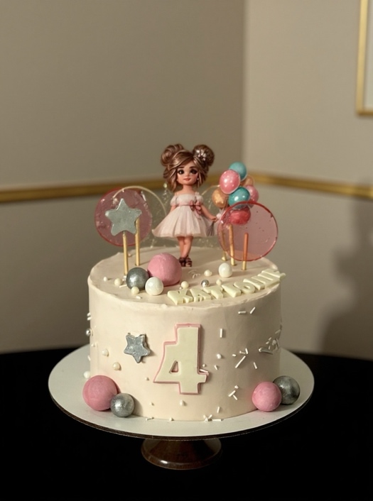 Детский торт с куклой, шариками и цифрой 4 — VIKICAKES