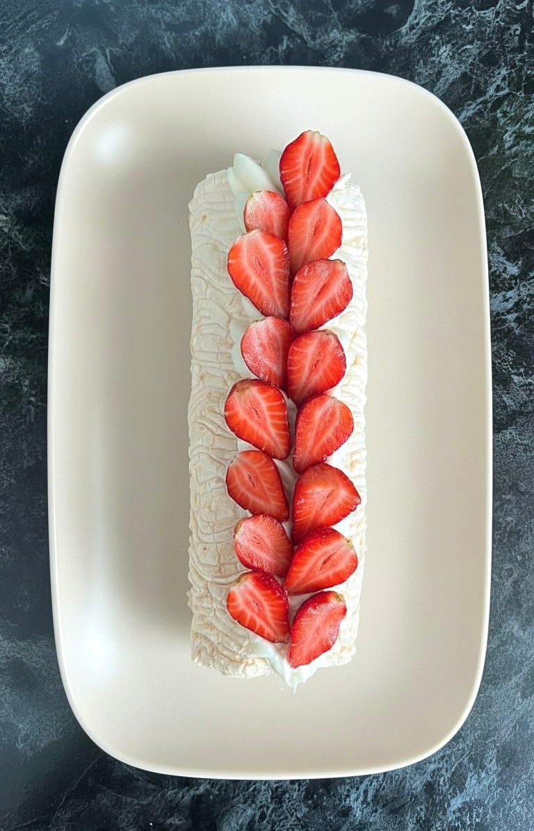 Меренговый рулет со свежей клубникой на белом блюде — VIKICAKES