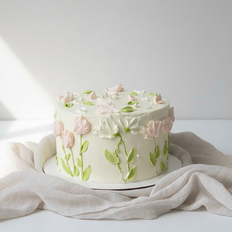 Белый торт с цветочным декором и зеленью — VIKICAKES